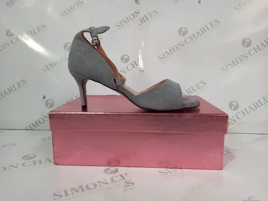 BOXED PAIR OF CASTAMERE OPEN TOE SUEDE HEELS IN GREY EU SIZE 38.5