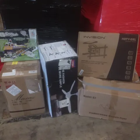 PALLET OF ASSORTED ITEMS INCLUDING ELECTRIC FRYER, CEILING FAN, ARM MOUNT