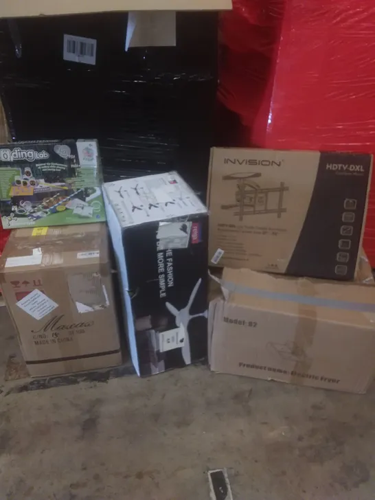 PALLET OF ASSORTED ITEMS INCLUDING ELECTRIC FRYER, CEILING FAN, ARM MOUNT