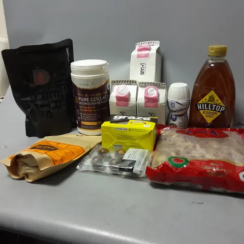 LOT OF ASSORTED FOOD ITEMS TO INCLUDE BLOSSON HONEY, PURE COLLAGEN POWDER, ETC