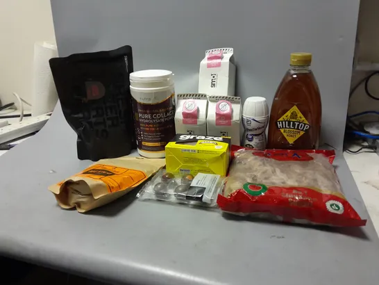 LOT OF ASSORTED FOOD ITEMS TO INCLUDE BLOSSON HONEY, PURE COLLAGEN POWDER, ETC