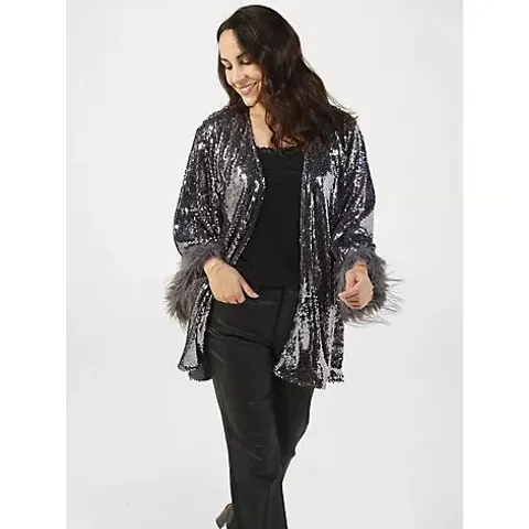 FRANK USHER SEQUIN KIMONO STYLE JACKET - PEWTER