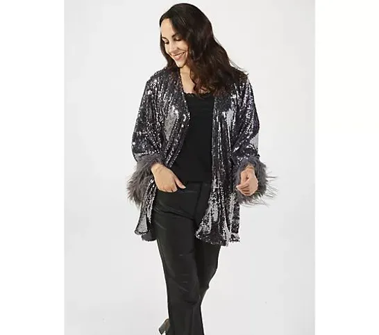 FRANK USHER SEQUIN KIMONO STYLE JACKET - PEWTER