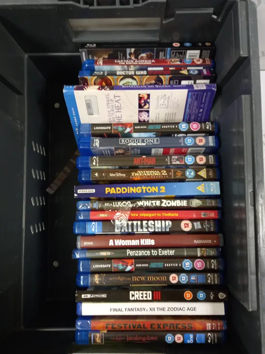 BOX OF APPROXIMATELY 20 ASSORTED BLU RAY DVDS TO INCLUDE JOHN WICK 4, CAPTAIN AMAERICA & ANT-MAN ETC