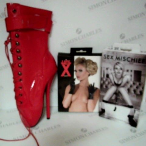 3 ASSORTED FETISH ITEMS TO INCLUDE; SEX MISCHIEF WRIST AND ANKLE RESTRAINT KIT, THE LATEX COLLECTION GLOVES AND RED BOOTS SIZE 37