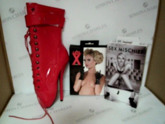 3 ASSORTED FETISH ITEMS TO INCLUDE; SEX MISCHIEF WRIST AND ANKLE RESTRAINT KIT, THE LATEX COLLECTION GLOVES AND RED BOOTS SIZE 37