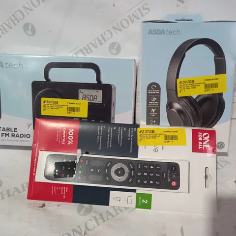 BOX OF APPROXIMATELY 8 ASSORTED ELECTRICL ITEMS TO INCLUDE ASDA TECH WIRELESS HEADPHONES, ASDA TECH PORTABLE AM/FM RADIO, ONE FOR ALL UNIVERSAL REMOTE