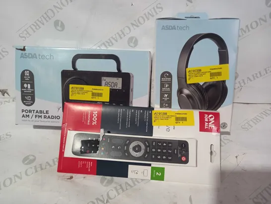 BOX OF APPROXIMATELY 8 ASSORTED ELECTRICL ITEMS TO INCLUDE ASDA TECH WIRELESS HEADPHONES, ASDA TECH PORTABLE AM/FM RADIO, ONE FOR ALL UNIVERSAL REMOTE