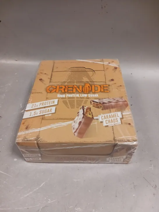 BOXED SEALED GRENADE HIGH PROTEIN BARS - CARAMEL CHAOS - 12 X 60G 