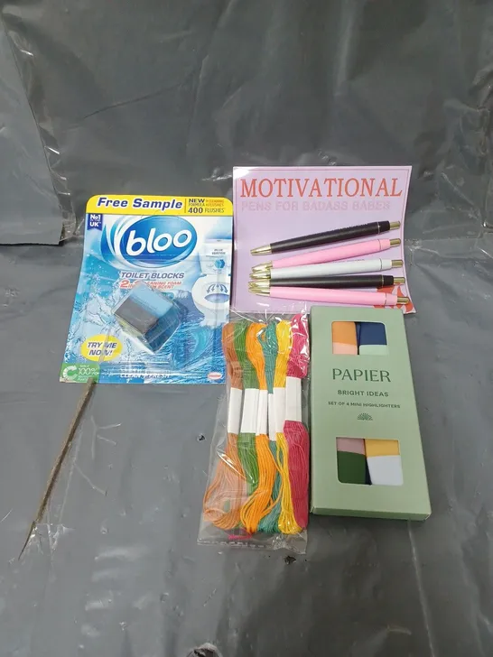 BOX OF APPROXIMATELY 20 ASSORTED HOUSEHOLD ITEMS TO INCLUDE TOILET BLOCK, STATIONARY AND HIGHLIGHTER PENS