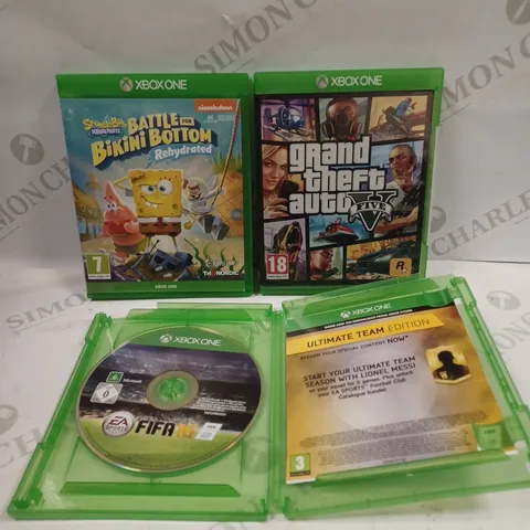 BOX TO CONTAIN 3 X ASSORTED XBOX ONE GAMES. INCLUDES GRAND THEFT AUTO V, SPONGEBOB & FIFA 16 