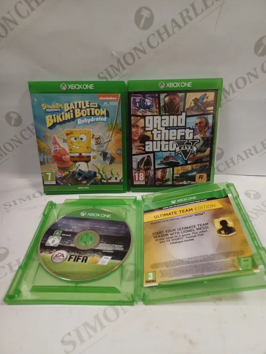 BOX TO CONTAIN 3 X ASSORTED XBOX ONE GAMES. INCLUDES GRAND THEFT AUTO V, SPONGEBOB & FIFA 16 