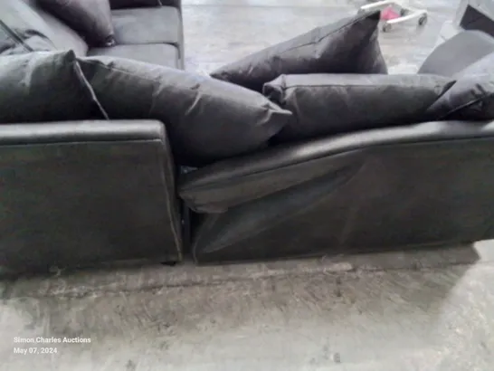 DESIGNER LEATHER LOOK FABRIC UPHOLSTERED CORNER SOFA IN BLACK HEAVILY DAMAGED AT REAR OF FRAME