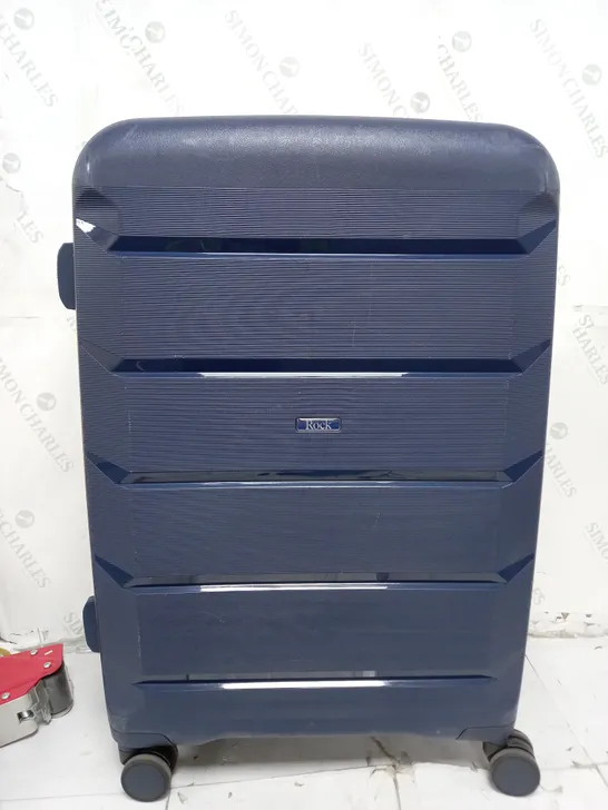 ROCK LARGE 4 WHEELED PLASTIC SUITCASE BLUE WITH LOCK