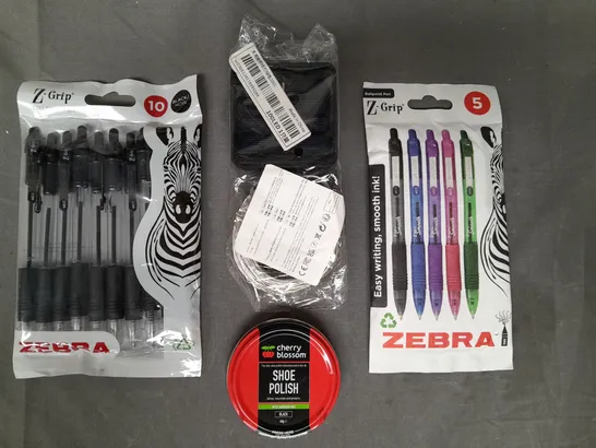 APPROXIMATELY 10 ASSORTED HOUSEHOLD ITEMS TO INCLUDE ZEBRA BALLPOINT PENS, SHOE POLISH, ETC