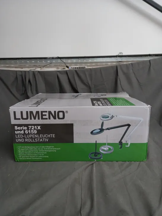 BOXED LUMENO MAGNIFYING LAMP WITH ROLLER STAND IN WHITE