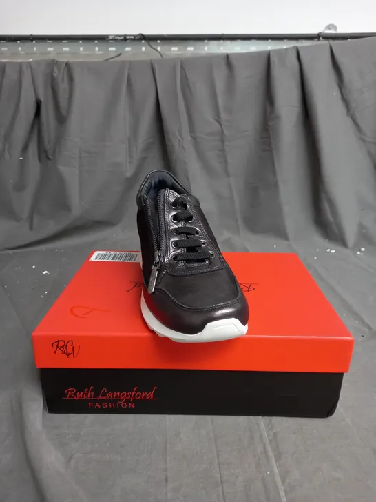 BOXED PAIR OF RUTH LANGSFORD WEDGE BLACK TRAINERS IN PEWTER - SIZE 6