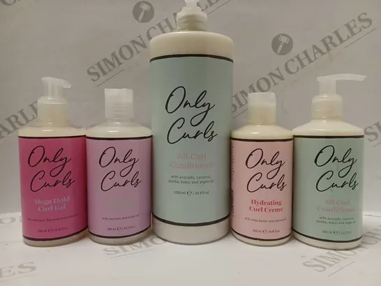 LOT OF 5 ASSORTED ONLY CURLS PRODUCTS TO INCLUDE ALL CURL CLEANSER, MEGA HOLD CURL GEL, HYDRATING CURL CREME, ETC 