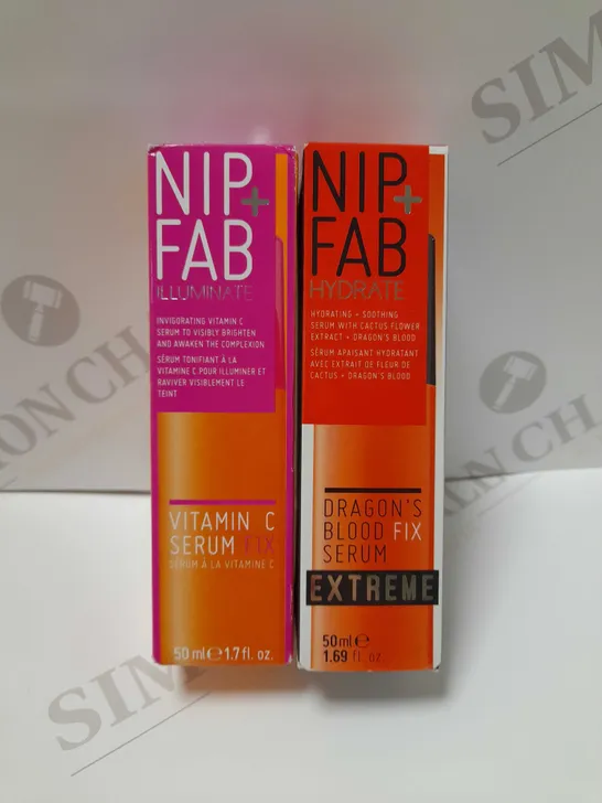 LOT OF 2 NIP+FAB PRODUCTS TO INCLUDE DRAGONS BLOOD FIX SERUM EXTREME 50ML & ILLUMINATE VITAMIN C SERUM 50ML 