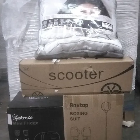 PALLET OF ASSORTED ITEMS INCLUDING ASTRO AI MINI FRIDGE, ROVTOP BOXING SUIT, LUXEVOIR HIGH LOFT MATTRESS TOPPER AND 6+ BOXED SCOOTER