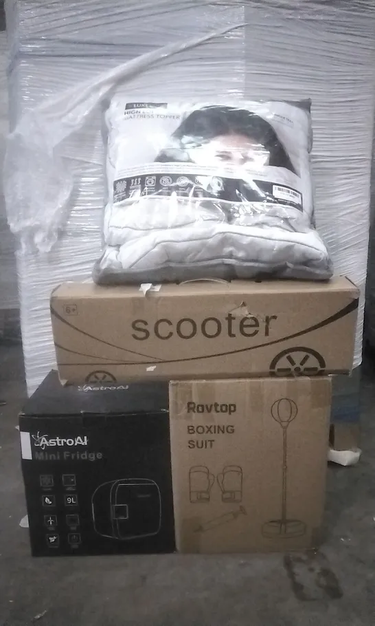 PALLET OF ASSORTED ITEMS INCLUDING ASTRO AI MINI FRIDGE, ROVTOP BOXING SUIT, LUXEVOIR HIGH LOFT MATTRESS TOPPER AND 6+ BOXED SCOOTER