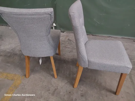 PAIR OF UPHOLSTERED BUTTONED BACK DINING CHAIRS GREY FABRIC ON NATURAL WOOD LEGS 