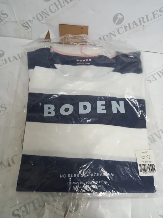 BODEN BLUE/WHITE T SHIRT SIZE 14