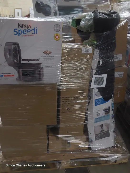 PALLET OF ASSORTED ITEMS INCLUDING NINJA SPEEDI RAPID COOKER, ALISON CORK GINKGO LEAF TABLE LAMP, COOK'S ESSENTIALS 5.8L AIR FRYER, SHARK STEAM FLOOR SCRUBBER