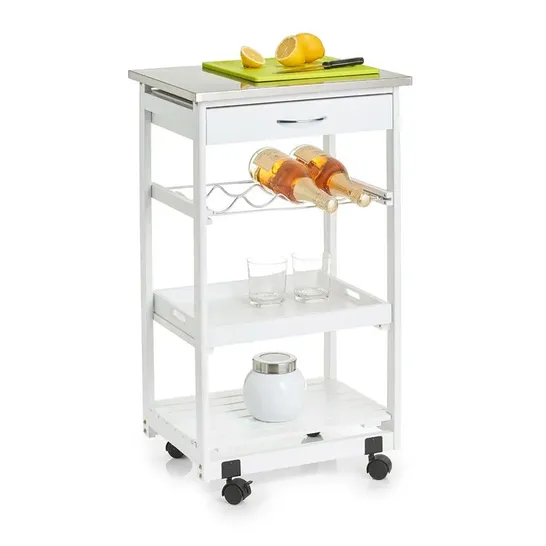 BOXED MOLLETT 47CM WIDE ROLLING KITCHEN TROLLEY WITH STAINLESS STEEL TOP (1 BOX)