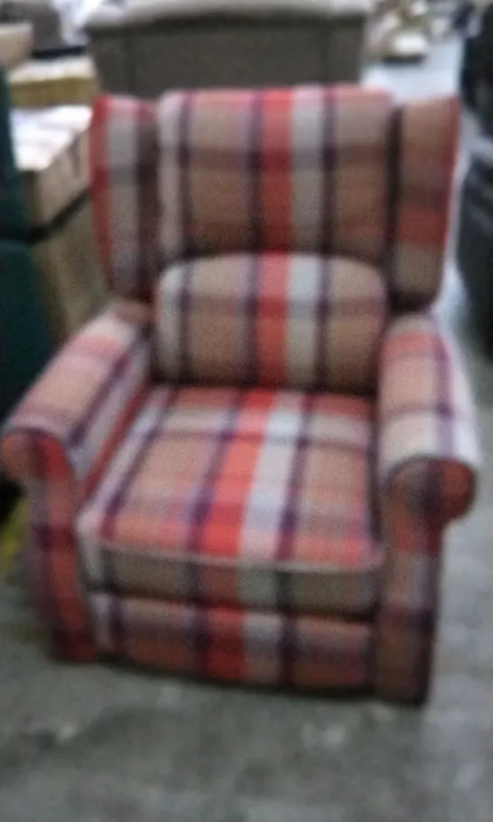 DESIGNER REC AND GREY CHEQUERED FABRIC RECLINING ARMCHAIR