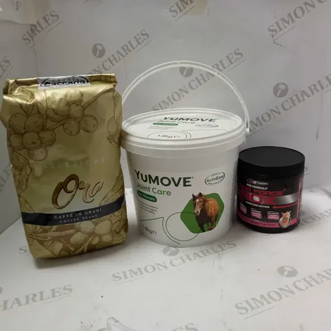 LOT OF ASSORTED FOOD AND DRINK TO INCLUDE SELEZIONE COFFEE BEANS, JOINT CARE FOR HORSES AND PRE WORKOUT MAXI FORCE NOX 