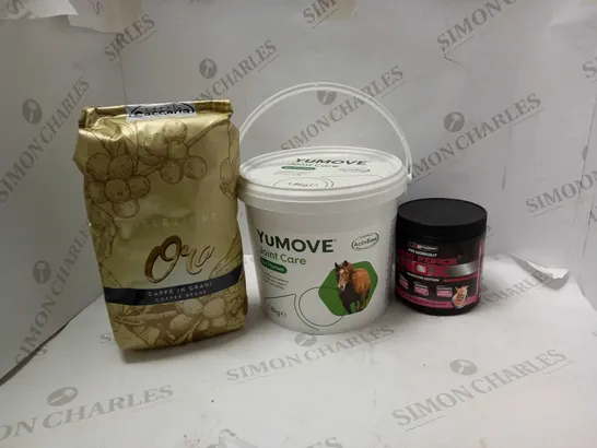 LOT OF ASSORTED FOOD AND DRINK TO INCLUDE SELEZIONE COFFEE BEANS, JOINT CARE FOR HORSES AND PRE WORKOUT MAXI FORCE NOX 