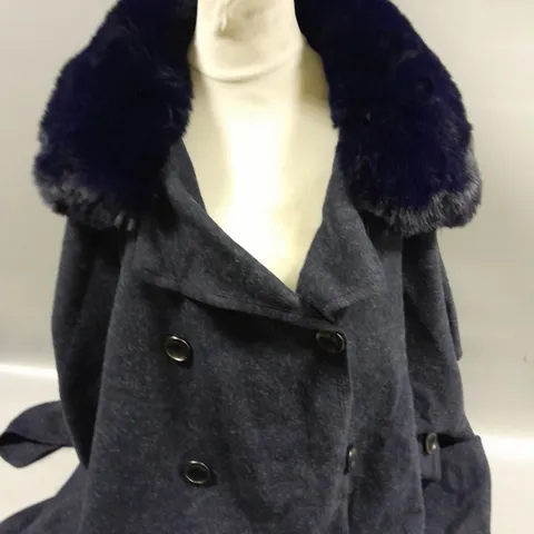 FRANK USHER FRONT BUTTONED PONCHOWITH FAUZ FUR COLLAR IN NACY SIZE UNSPECIFIED