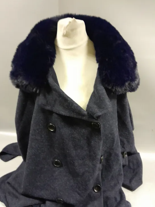 FRANK USHER FRONT BUTTONED PONCHOWITH FAUZ FUR COLLAR IN NACY SIZE UNSPECIFIED