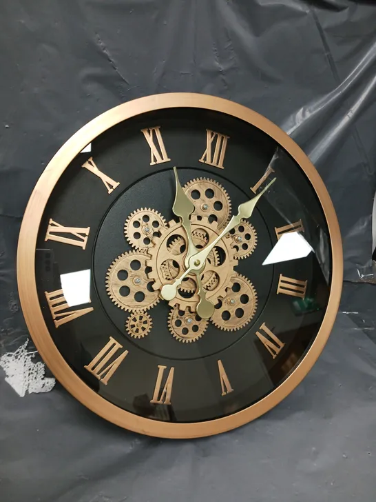 LARGE VINTAGE TURNING GEARS WALL CLOCK WITH LARGE ROMAN NUMERALS