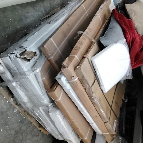PALLET OF ASSORTED FURNITURE PARTS, TOILET SEAT, CUSHIONS AND BLANKET 