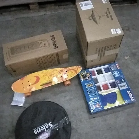 PALLET OF ASSORTED ITEMS INCLUDING PAW PATROL MELTUMS, ELECTRIC OVERHEAD HEATER, PLASTIC MINI CRUISER SKATEBOARD, SPACE HEATER AND POP-UP TENT