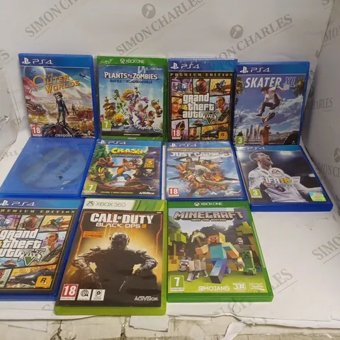 BOX OF 11 PS4/XBOX VIDEO GAMES TO INCLUDE GTA V, THE OUTER WORLDS, SKATER XL ETC