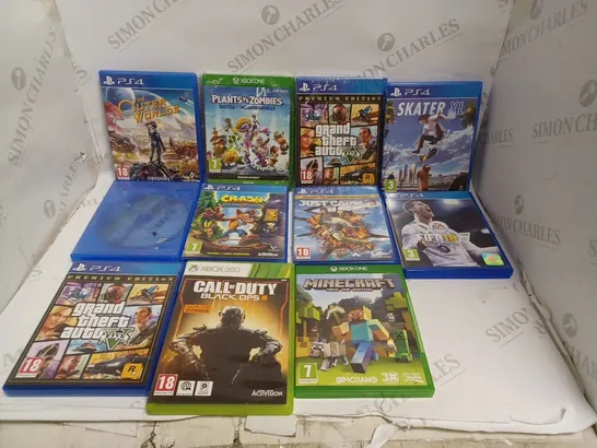 BOX OF 11 PS4/XBOX VIDEO GAMES TO INCLUDE GTA V, THE OUTER WORLDS, SKATER XL ETC