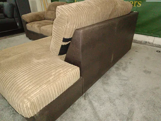 BROWN TWO-TONE JUMBO CORD & FAUX LEATHER CHAISE CORNER SOFA 