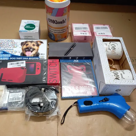 LOT OF ASSORTED HOUSEHOLD ITEMS TO INCLUDE NINTENDO SWITCH CASE, 2-PACK MUG SET AND DOG THEFT DNA REDISTER