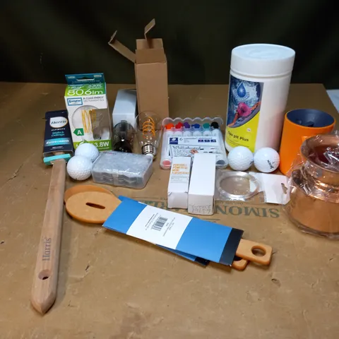 LOT OF APPROXIMATEY 15 ITEMS TO INCLUDE GOLF BALS, LIGHTBULBS, SPA PH PLUS, ETC