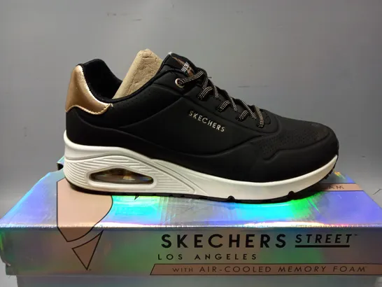 BOXED PAIR OF SKECHERS STREET BLACK TRAINERS - SIZE 7