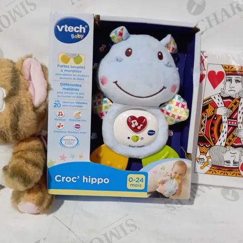 BOX OF APPROXIMATELY 5 ASSORTED TOYS AND GAMES TO INCLUDE LARGE SIZE PLAYING CARDS, VTECH BABY CROC' HIPPO, KEEL TOYS SOFT TIGER, ETC