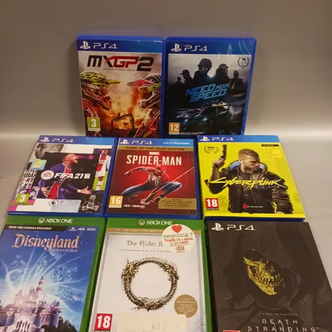 8 X ASSORTED VIDEOS GAMES TO INCLUDE MX GP2, SPIDERMAN, DEATH STRANDING ETC 
