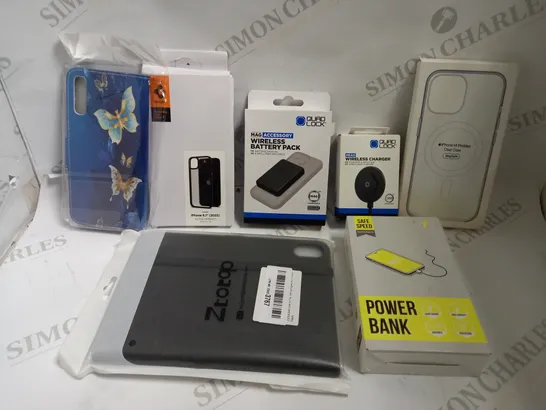 BOX OF APPROX 10 ITEMS TO INCLUDE QUAD LOCK WIRELESS CHARGER, ASSORTED PHONE CASES AND POWER BANK