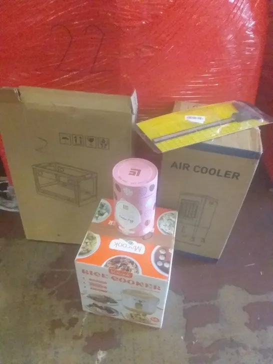 PALLET OF ASSORTED ITEMS INCLUDING RICE COOKER, CARBON FIBRE COMPOSITE DIGITAL CALIPER, AIR COOLER