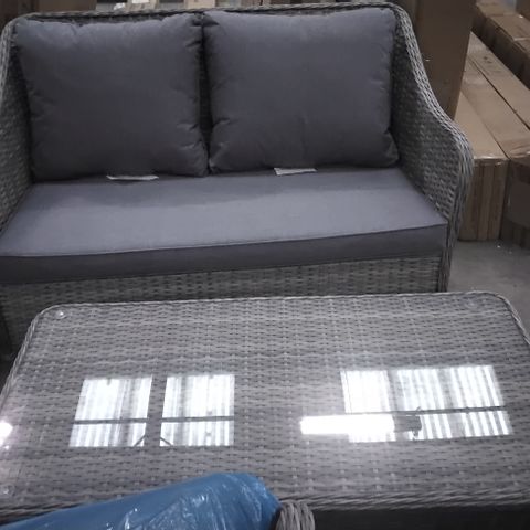 DESIGNER OUTDOOR WICKER COFFEE SET GREY TWO SEATER, TWO CHAIRS AND TABLE 