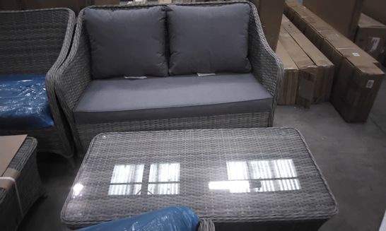 DESIGNER OUTDOOR WICKER COFFEE SET GREY TWO SEATER, TWO CHAIRS AND TABLE 