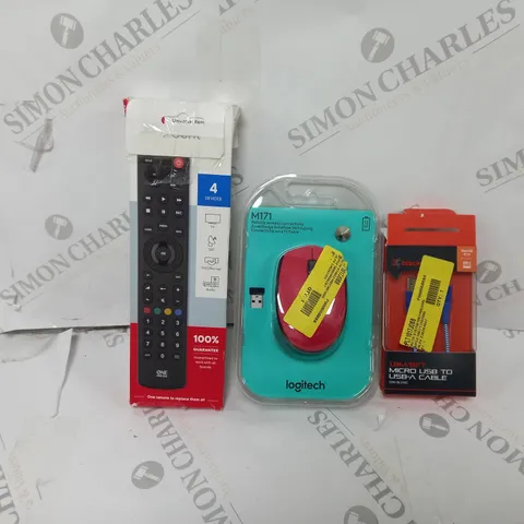 APPROXIMATELY 20 ASSORTED ITEMS TO INCLUDE UNIVERSAL REMOTE, WIRELESS MOUSE, BLACKWEB MICRO USB TO USB-A CABLE ETC. 